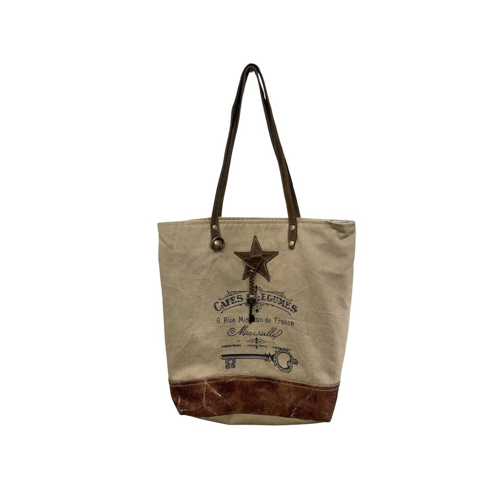 Myra Bag Canvas Leather Cafes Legumes Graphic Tote Shoulder Bag‎ Tan Star Key